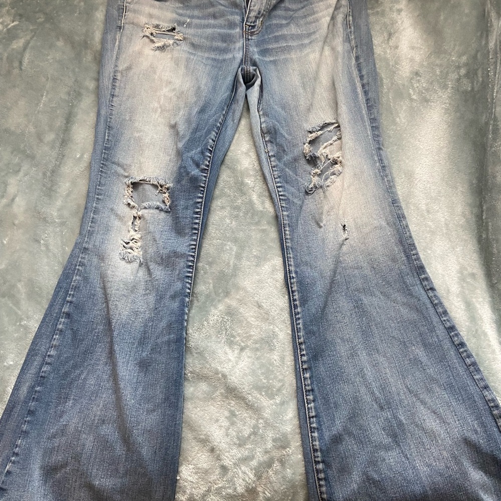 American Eagle Blue Flare Jeans with Vintage Distressing